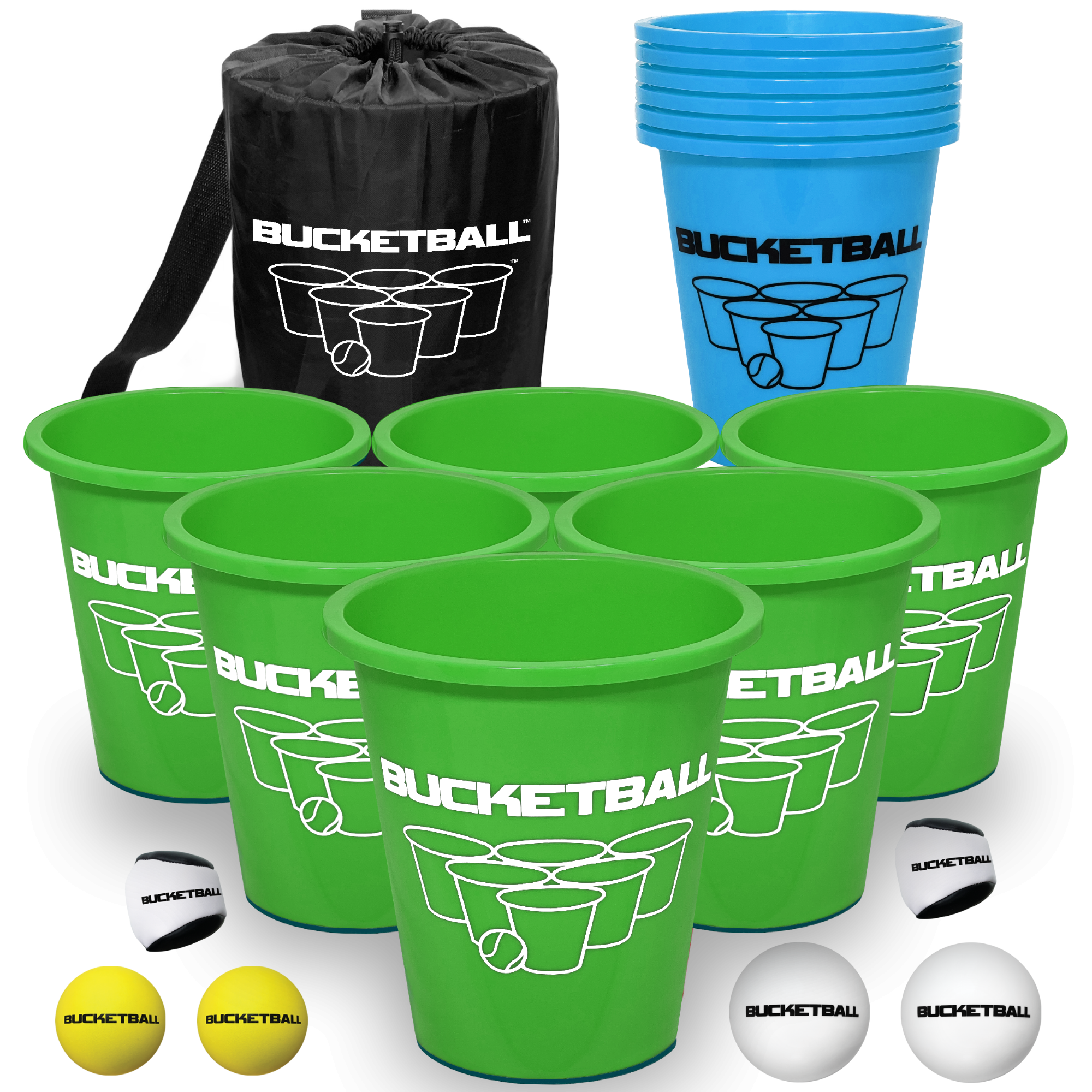 BucketBall Team Color Edition Combo Pack - Outdoor Yard Pong Game With 3 Ball Types - Black/Black Set